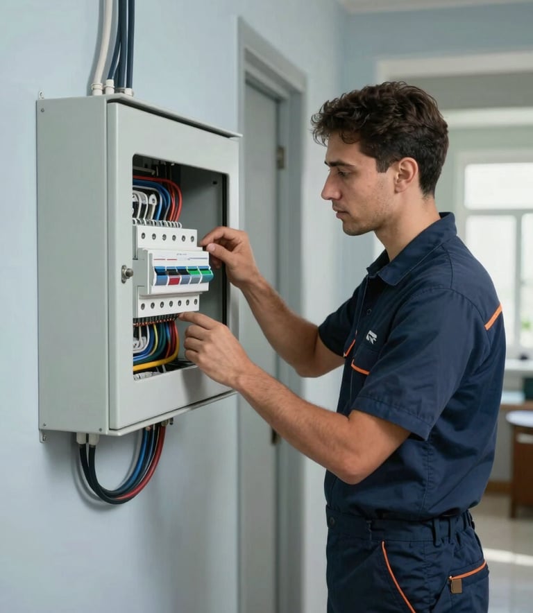 A professional electrician in a clean uniform inspecting a modern circuit breaker panel in a Middle Eastern / Turkish residential hallway, professional lighting, featuring muted slate blue and dark charcoal blue tones.