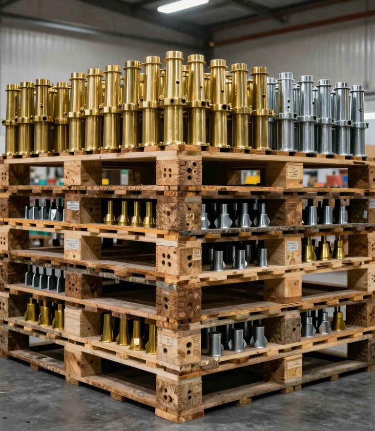 A pallet of neatly organized brass and steel industrial fittings inside a modern warehouse in Jerusalem. High contrast lighting, emphasizing precision engineering and Middle Eastern / Israeli logistical expertise.