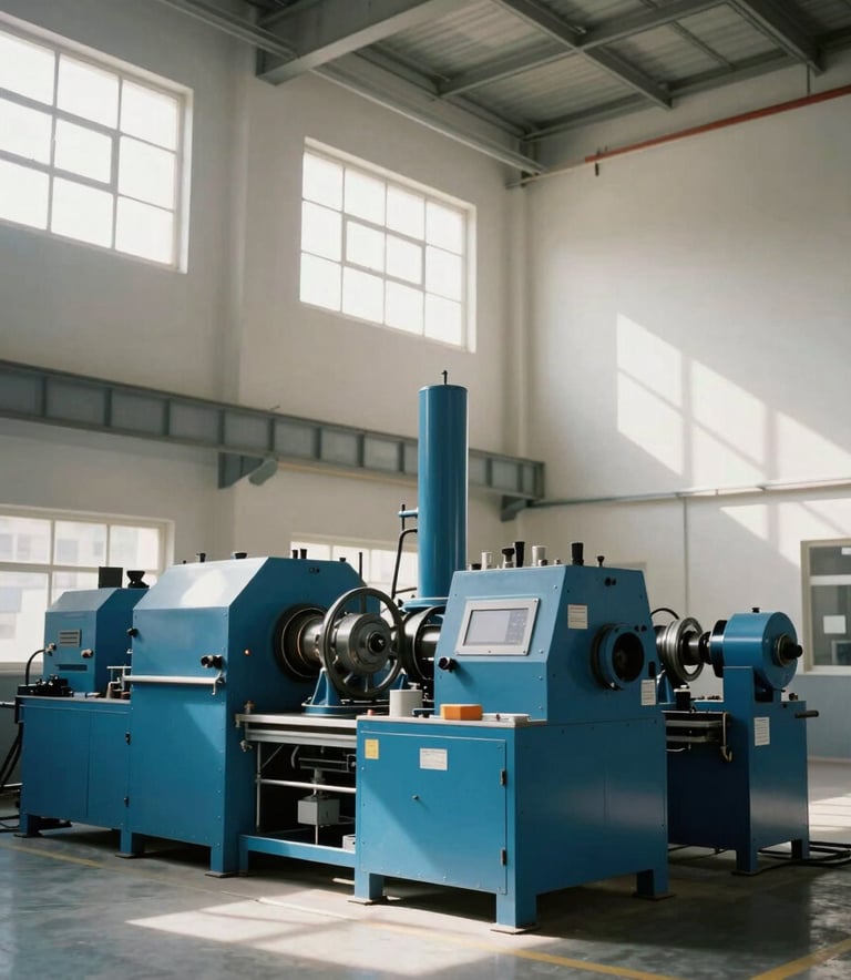 Photography of a clean, modern Jerusalem industrial facility interior. Steel Blue machinery contrasts with Off-white walls as Middle Eastern / Israeli sunlight filters through large factory windows. Authoritative and professional atmosphere.