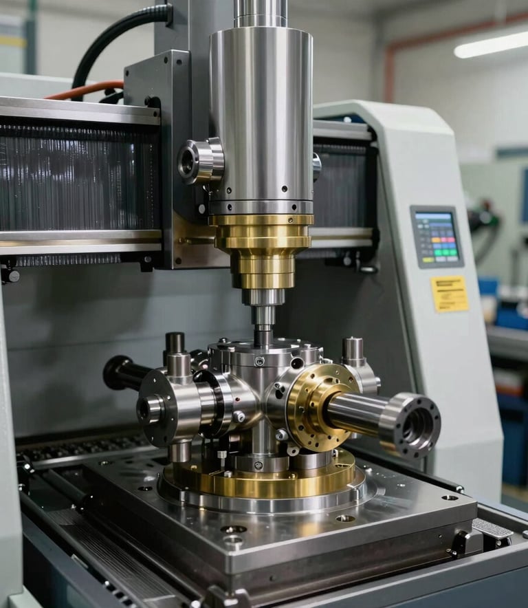 A high-precision CNC machine workshop in Jerusalem, focused on manufacturing hydraulic valves. The setting is modern and professional, with a Middle Eastern / Israeli industrial design feel. Soft lighting highlights steel and brass surfaces.