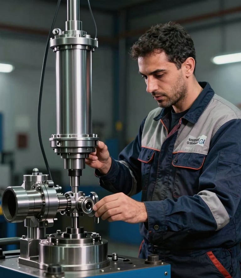 A Middle Eastern / Israeli engineering professional in high-quality industrial work attire inspecting a hydraulic assembly in a Jerusalem workshop. The lighting is crisp and professional, highlighting the precision of the steel components with Dark Navy and Steel Blue background tones.