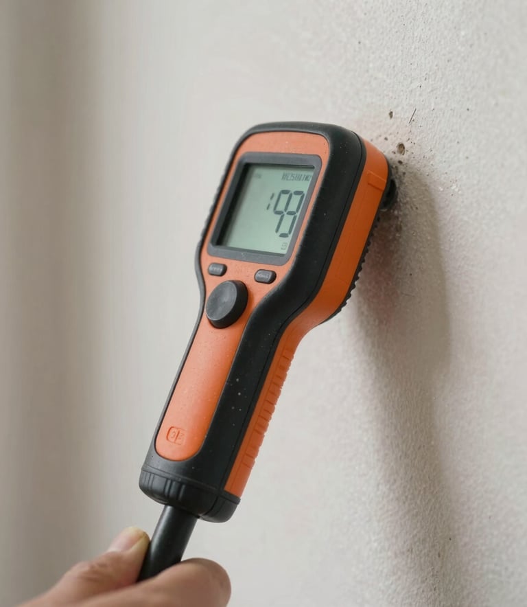 A close-up photograph of a professional moisture detection tool being used on a drywall in a North American / US (Florida) home, showing a high level of technical precision and care.