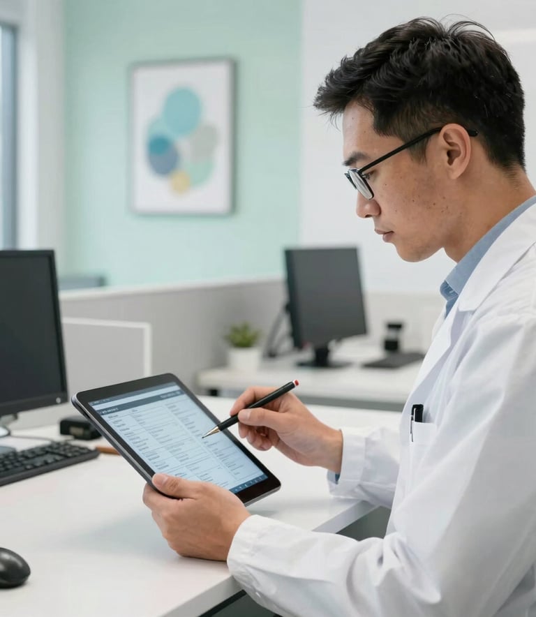 A clean, bright workspace featuring a professional mold inspector reviewing digital reports on a tablet in a modern Orlando office, with light green and soft blue decorative elements in the background.