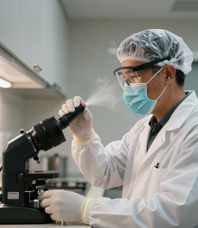A professional environmental technician wearing safety gear and a mask, performing an air quality test in a clean modern kitchen in North American / US (Florida).