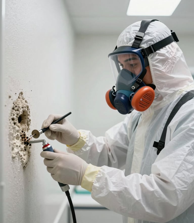 A technician wearing full protective North American / US / Florida safety gear and an air respirator performing mold containment in a bright, modern room. Professional lighting, emphasizing a clean and clinical restoration process.