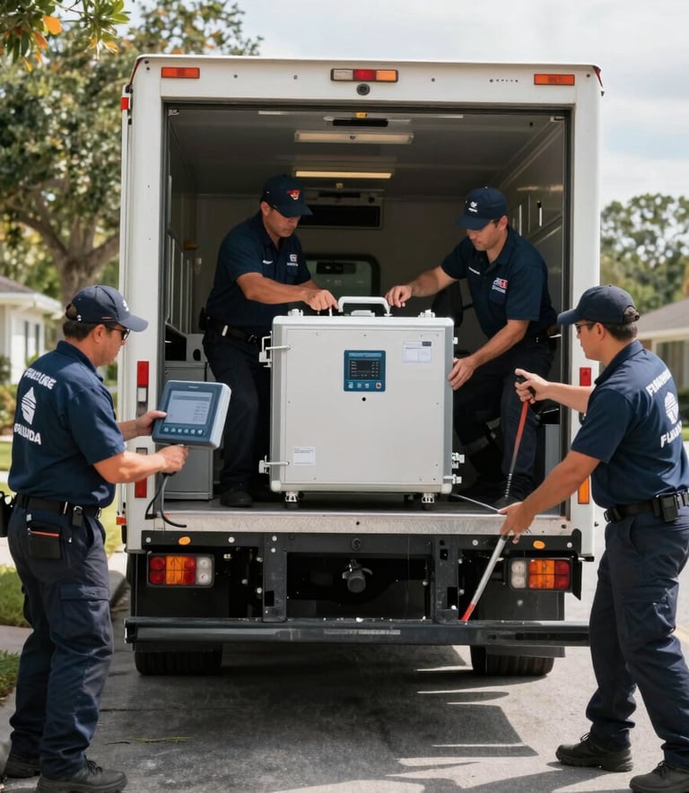 A rapid response mold remediation team in North American / US / Florida uniform unloading high-grade moisture detection equipment from a professional service truck in an Orlando suburb. Daylight, action-oriented composition.