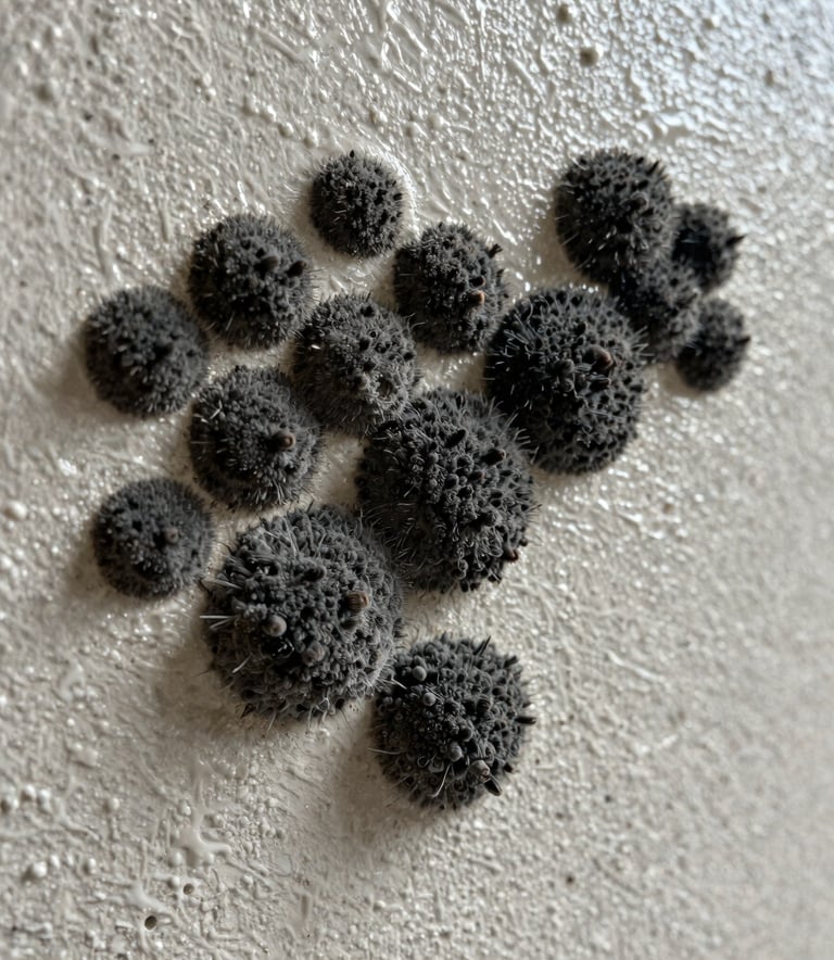 A close-up photograph of active black mold colonies spreading across a damp drywall surface in an Orlando, Florida residence, high contrast lighting emphasizing textures, professional photography.