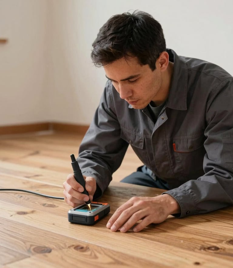 A professional mold inspection technician in a dark gray uniform using a high-tech digital moisture detector on a wooden floor in a North American household, focused lighting, professional tone.