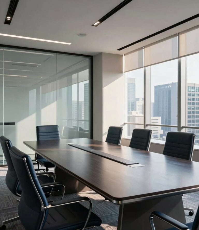 A wide-angle shot of a modern, professional corporate boardroom in a South Asian city. The room features glass walls, a polished dark navy table, and steel blue accents. The atmosphere is authoritative and clean, with soft afternoon sunlight illuminating the professional setting.