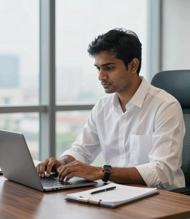 A focused South Asian professional in a crisp white shirt working at a sleek wooden desk in a modern office in Mumbai. The lighting is bright and natural, coming from a large window. A thin laptop and a professional notebook are on the desk. The scene uses a palette of royal blue and off-white to convey efficiency.