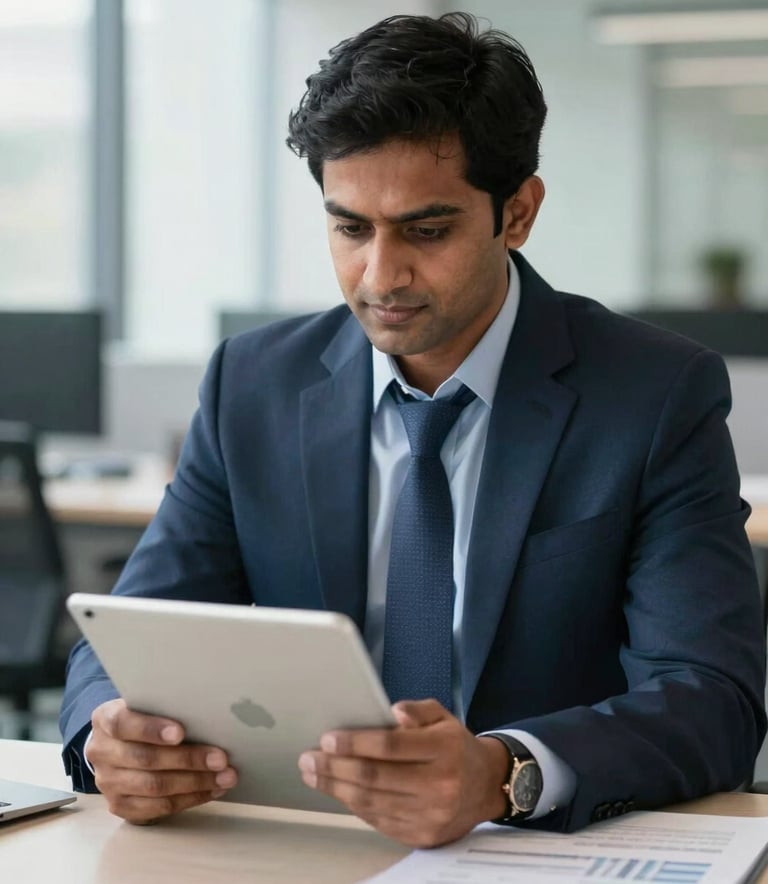 A South Asian professional in business attire calmly reviewing financial documents on a tablet in a well-lit, contemporary office. The composition is a medium shot with a shallow depth of field, using a palette of light blue and dark navy to signify authority and expertise.