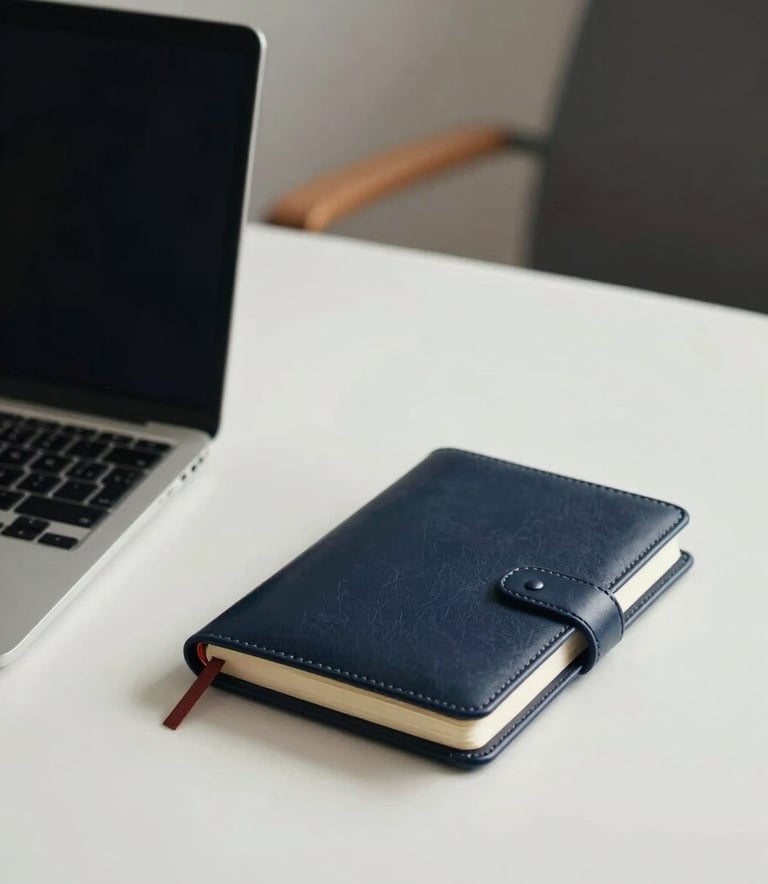 A close-up of a minimalist, modern desk in a South Asian office setting with a sleek laptop and a professional leather-bound notebook. The lighting is bright and professional, emphasizing a clean and focused work environment using tones of off-white and dark navy.