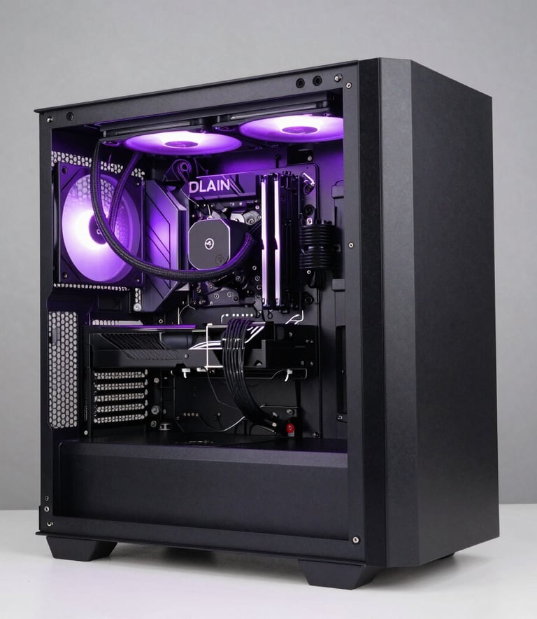 A professional internal shot of a high-performance custom PC build with violet liquid cooling and sleek black components, captured in a minimalist North American studio setting with cinematic lighting.