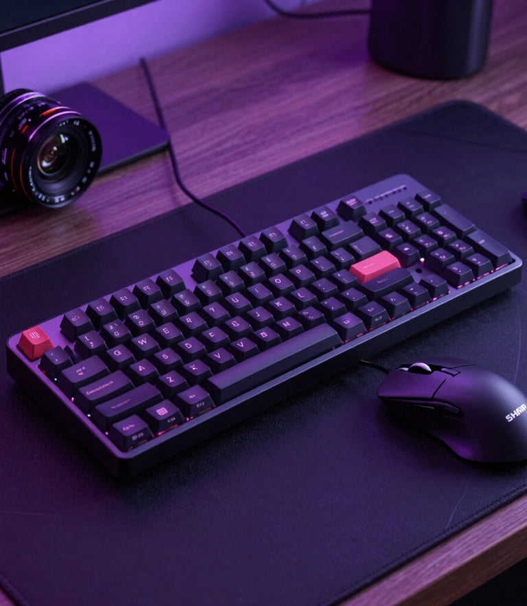 Sharp professional photography of a high-end mechanical keyboard and gaming mouse on a dark premium desk mat, North American / US workspace, moody violet lighting.