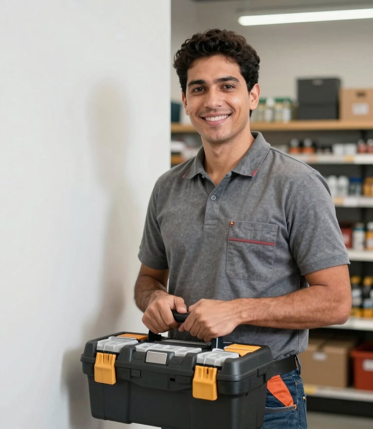 Professional maintenance worker in a modern Latin American retail store, standing near a clean white wall, holding a professional tool kit, smiling confidently.