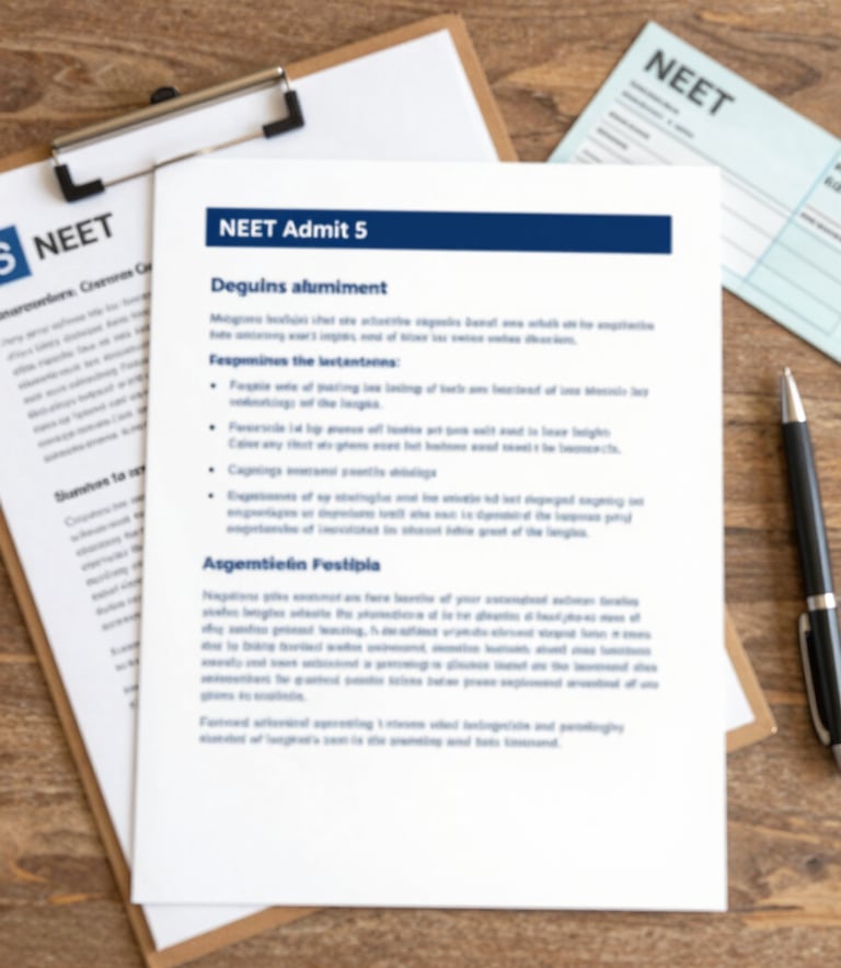 A flat lay of organized medical admission documents, a NEET admit card, and a pen on a professional wooden desk. Lighting is clear and bright. Incorporates brand colors #E0D8C0 and #0A362B.