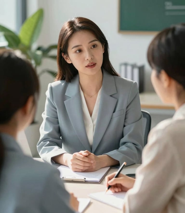 A professional and supportive female consultant in a modern office, wearing a smart outfit in #4F7F8F tones, talking to a student and parent. The atmosphere is clean and trustworthy, with soft sunlight and brand colors like #0A362B in the background decor.