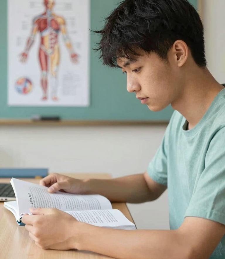 A determined student sitting at a clean desk, studying medical textbooks with a human anatomy diagram visible in the background. Soft natural light focusing on the student. Palette accents of #4F7F8F and #E0D8C0.