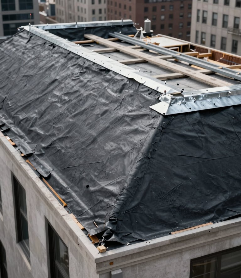 Photography of a high-grade roofing restoration project in progress on a luxury NYC residential building, showcasing thick charcoal protective layers and steel gray flashing, architectural focus.