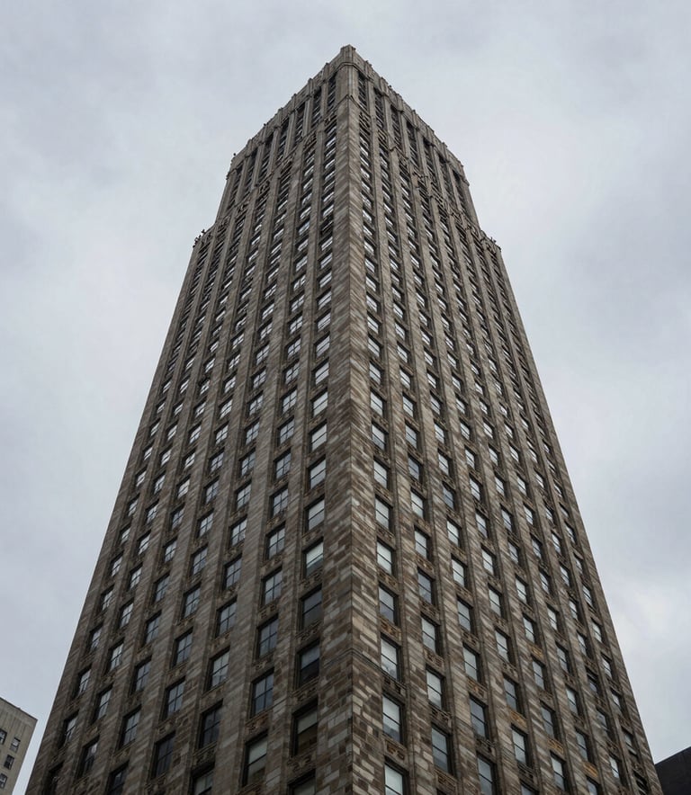 A low-angle, powerful shot of a tall New York City building with a perfectly maintained roof, emphasizing height, stability, and premium protection against a steel gray sky. Architectural photography style.