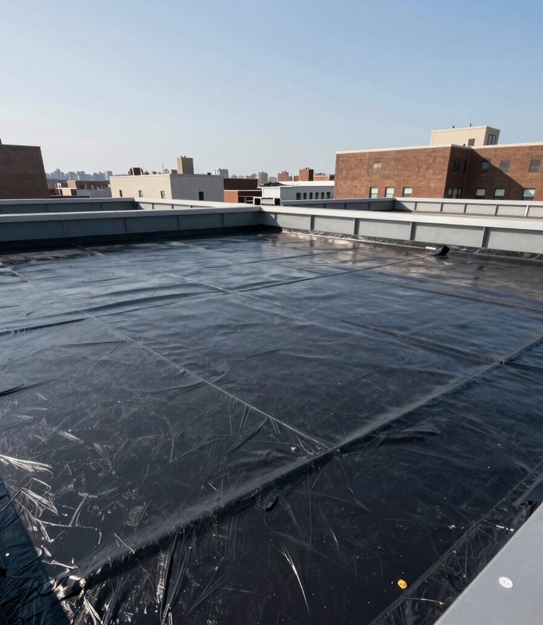A wide-angle professional photograph of a modern commercial flat roof installation in New York City, featuring clean lines, structural steel gray components, and high-performance charcoal black waterproofing materials under bright North American daylight.