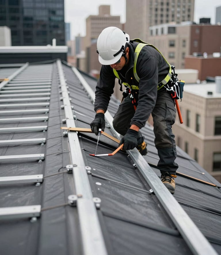 A professional roofing technician in safety gear performing a detailed structural inspection of a commercial building roof in New York City. The composition is architectural and focused on precision, using a palette of charcoal black and steel gray with sharp, clear lighting. North American / NYC setting.