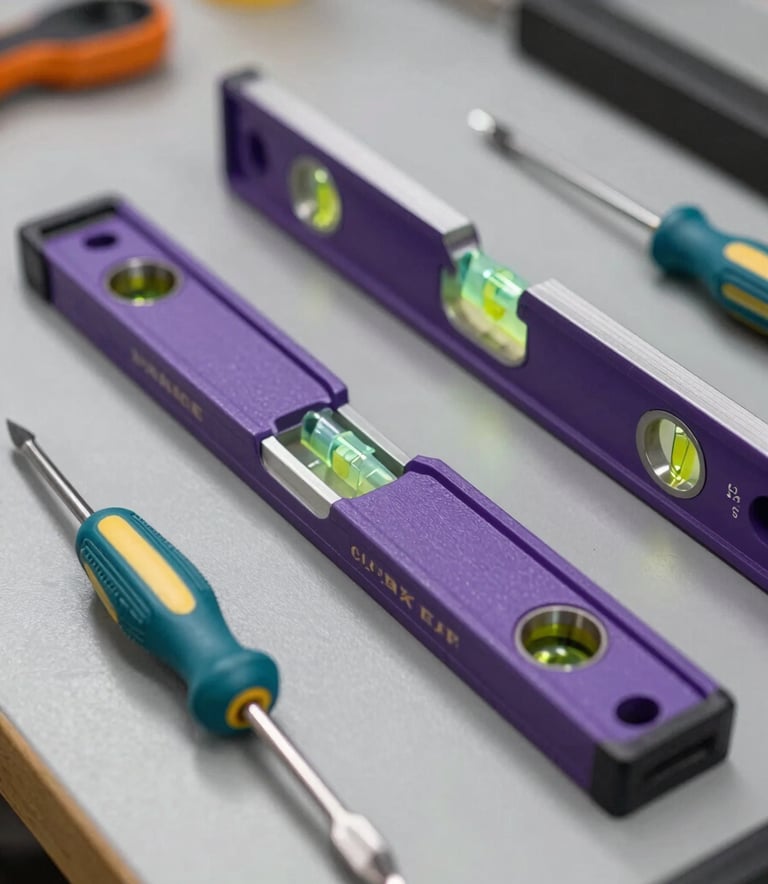 A high-quality image of a neatly organized set of professional tools on a grey #F5F8FA workbench. A purple #6A5B73 level and a teal #2A9D8F handled screwdriver are prominent. The lighting is bright and industrial, emphasizing efficiency and precision.