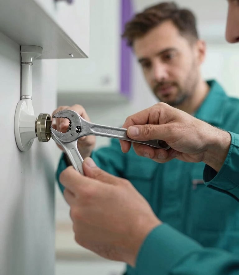 A close-up of a professional repair taking place in a modern home. A handyman's hands are visible using a wrench on a pipe. The lighting is clean and bright, with subtle teal #2A9D8F and purple #6A5B73 accents in the background environment. The style is professional and sharp.