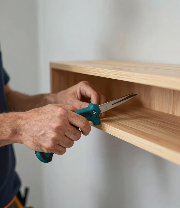 A close-up, high-detail shot of a professional handyman's hands skillfully installing a modern wooden shelf. The lighting is bright and natural, reflecting a clean home environment. The scene incorporates subtle brand colors like a teal tool handle and a light grey wall backdrop, emphasizing precision and quality.