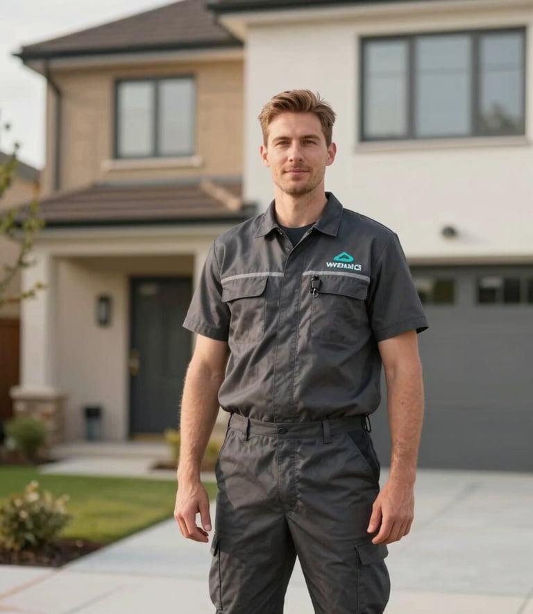 A wide shot of a professional handyman standing confidently in front of a modern Wrexham home. He is wearing a clean charcoal work uniform with a subtle teal logo. The atmosphere is bright, approachable, and professional, using a soft morning light.