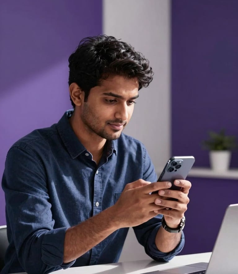 A focused South Asian professional interacting with a high-end smartphone in a modern, sunlit interior. The setting is clean and minimalist with deep purple and indigo accents in the decor, embodying a premium fintech brand aesthetic.