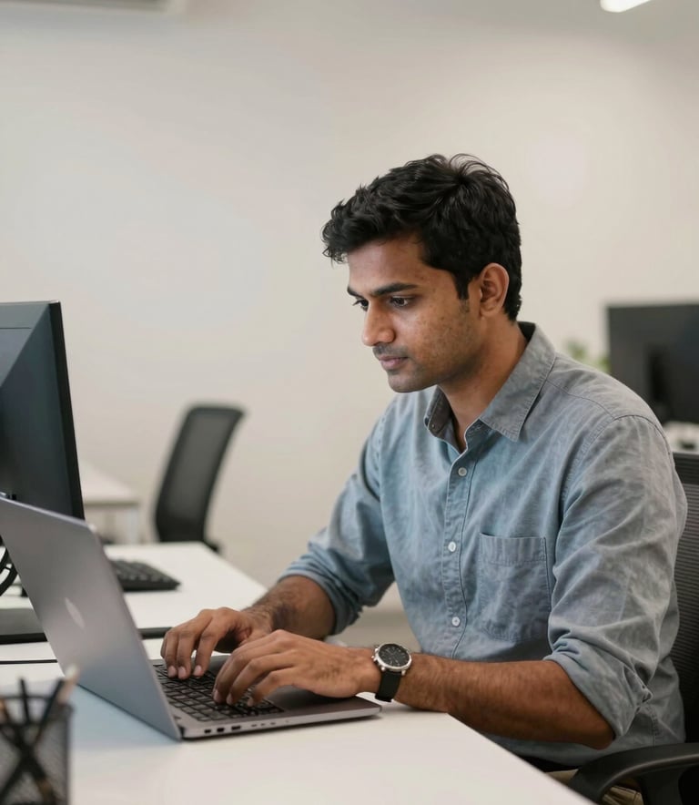 A professional software developer in a South Asian Indian workplace looking focused while working on a thin bezel laptop. The workspace is bright with off-white walls and sleek modern furniture.