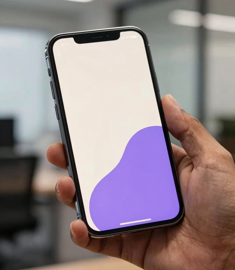 A close-up photograph of a premium smartphone held by a professional in a modern South Asian Indian office. The phone's screen is glowing with a clean, minimalist interface using off-white and purple tones, reflecting a sophisticated fintech aesthetic.