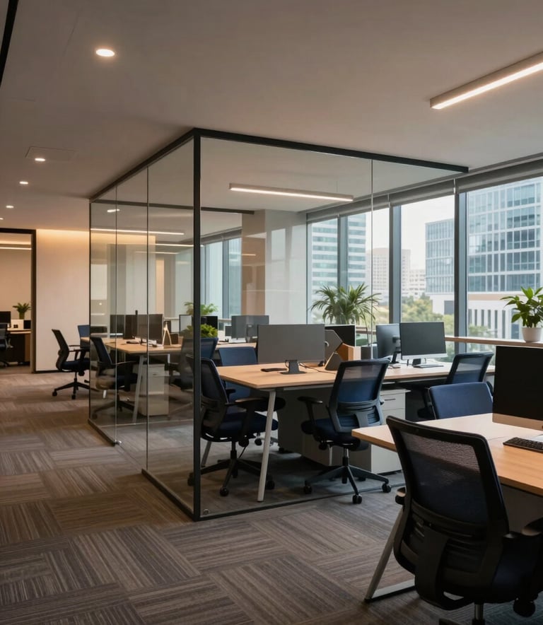 A wide-angle shot of a modern tech office in a South Asian metropolitan city. The space features sleek glass partitions, dark blue ergonomic furniture, and warm ambient lighting, conveying a professional and innovative atmosphere.