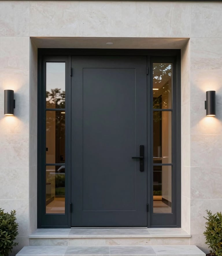 A wide-angle shot of a stunning, modern residential entrance featuring a tall, dark charcoal pivot door with large glass panels. The house architecture is clean and modern, with cool off-white stone walls and soft evening lighting.