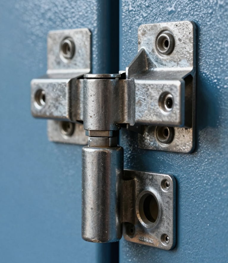 Close-up of a heavy steel door hinge and lock mechanism, steel blue metallic finish, professional studio lighting highlighting the texture of the metal.