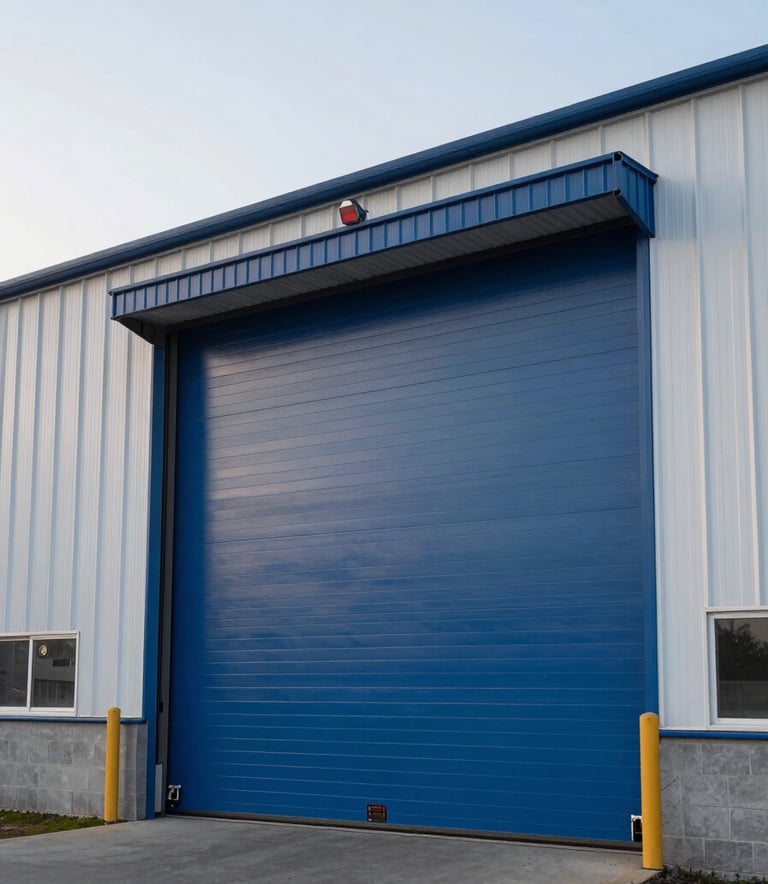 A wide shot of a modern industrial warehouse entrance featuring a large steel blue power door, soft pearl white sky in the background, professional architectural photography.