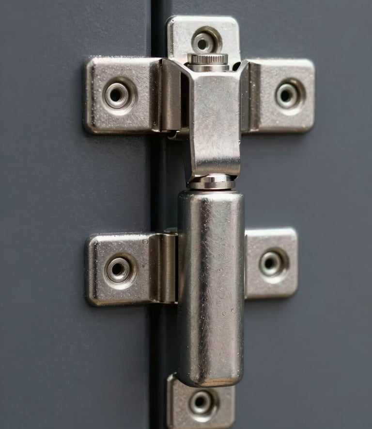 A detailed close-up of a high-security door hinge and locking mechanism, showcasing heavy-duty steel silver construction and precise engineering. The lighting is sharp and professional, highlighting the metallic texture and robust build quality against a deep slate grey background.