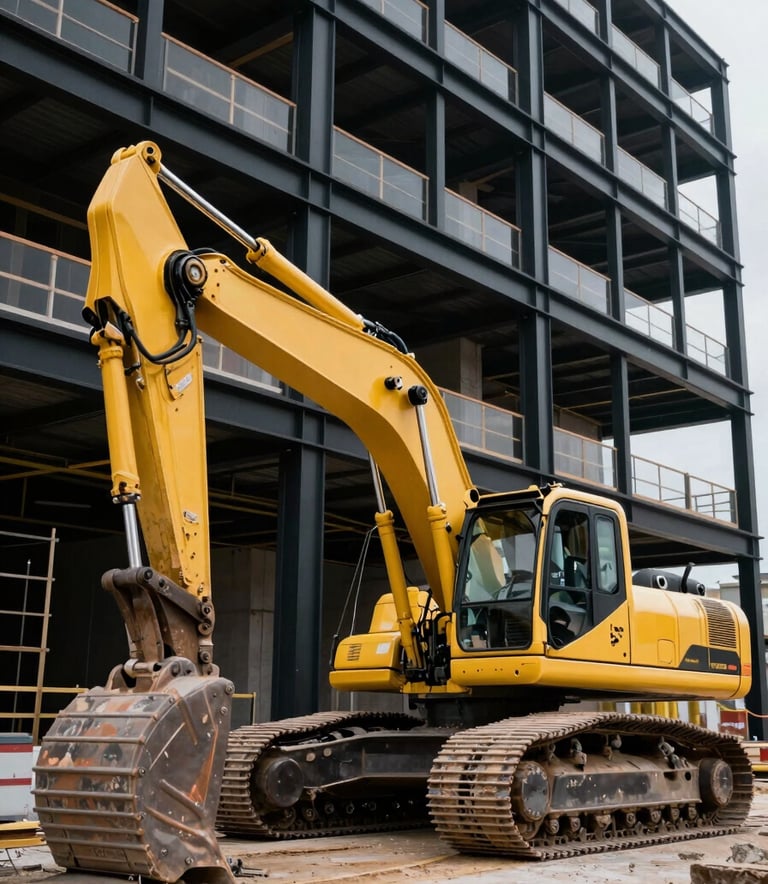 A low-angle, premium architectural photograph of a modern construction site in Turkey. A vivid yellow excavator is positioned with precision against a deep black structural frame. The lighting is cinematic, highlighting the clean engineering and professional atmosphere of a high-end project.