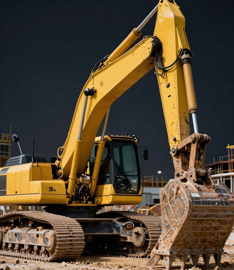 A high-precision yellow excavator working on a large-scale construction site in Turkey, sharp focus on the hydraulic arm, professional lighting, cinematic composition, vibrant yellow and deep black tones.