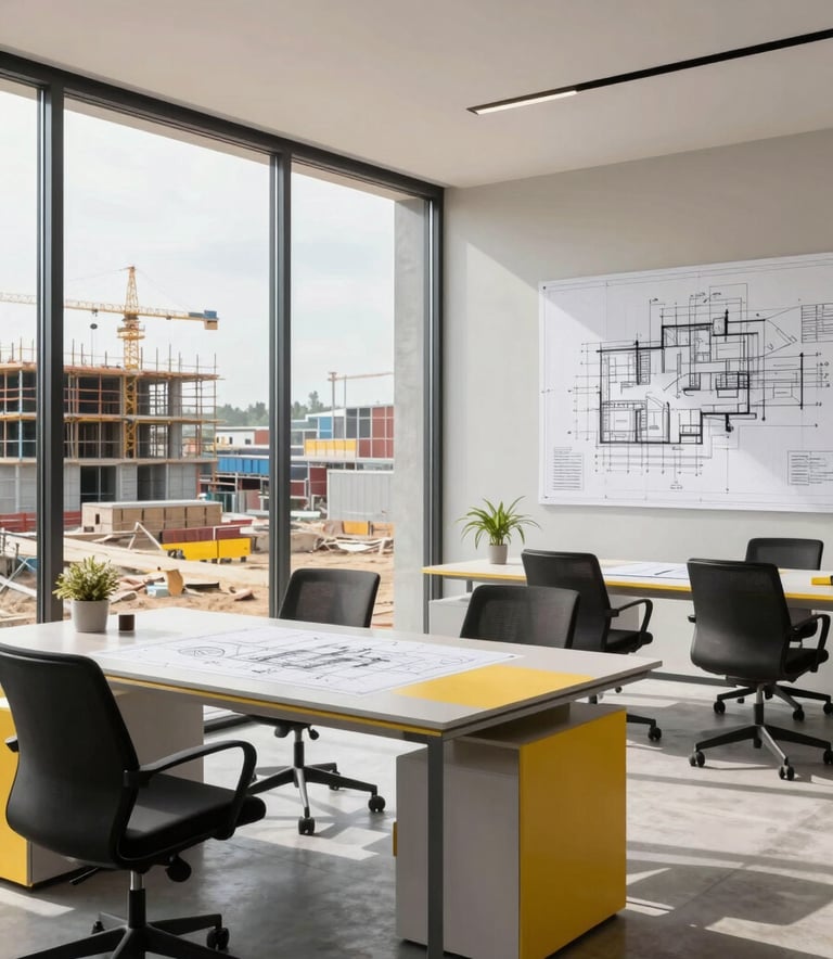 Interior view of a modern construction planning office in Turkey with minimalist furniture, large windows, and architectural blueprints, reflecting a premium tech-brand aesthetic with vibrant yellow accents.