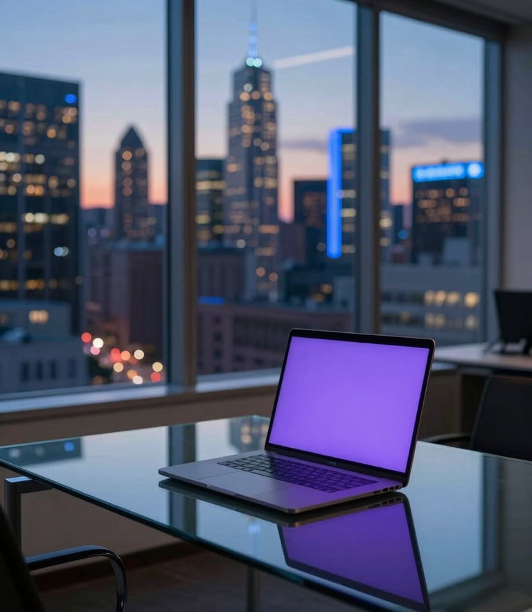 A high-end, professional office setting in a North American tech hub at twilight. A glass-top desk holds a sleek laptop, reflecting soft purple ambient light. In the background, floor-to-ceiling windows overlook a city skyline with deep navy shadows and electric blue street lights.