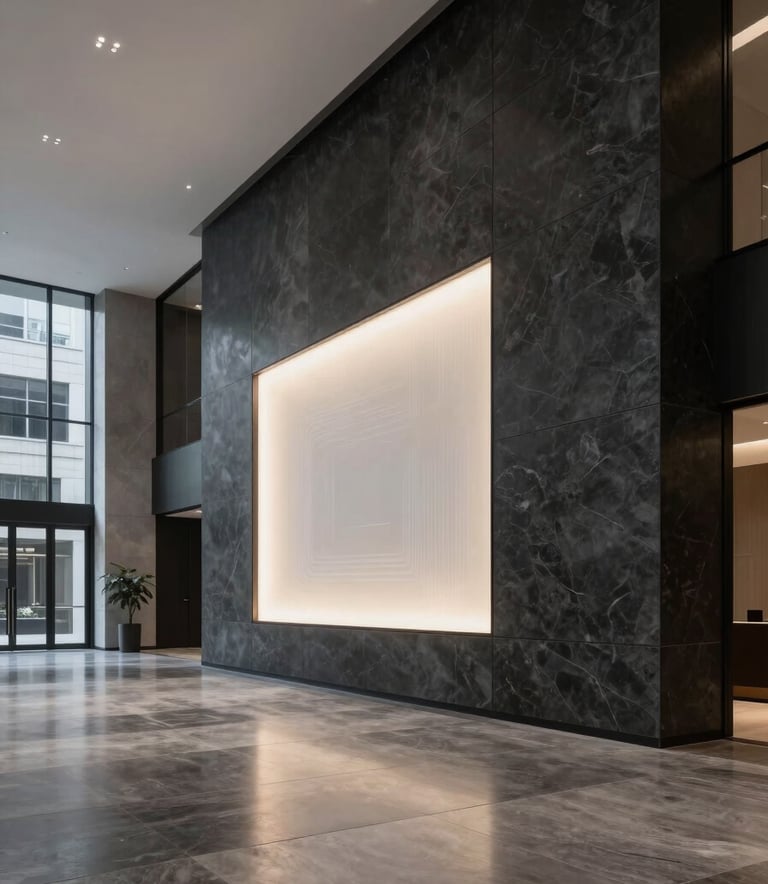 A wide-angle shot of a minimalist, luxury office lobby in a US metropolitan city with clean lines, dark stone textures, and a subtle glowing digital art installation.