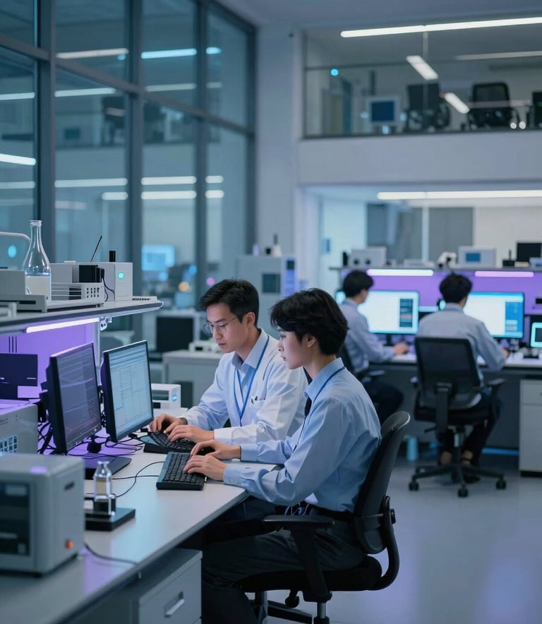 A professional North American / US corporate environment where a group of engineers works in a high-tech glass-walled laboratory featuring glowing blue and purple ambient lighting and minimalist workstations.