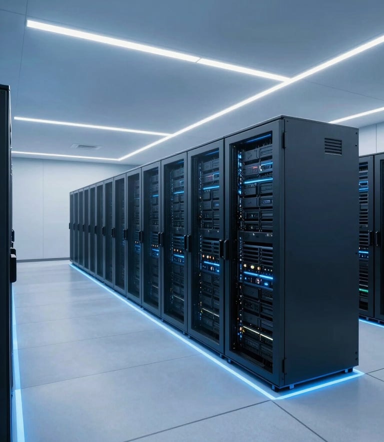 A wide-angle photography shot of a futuristic data center interior with electric blue lighting strips along the floor and ceiling. The environment is minimalist and clean, showing rows of deep navy server cabinets in a sophisticated US facility.