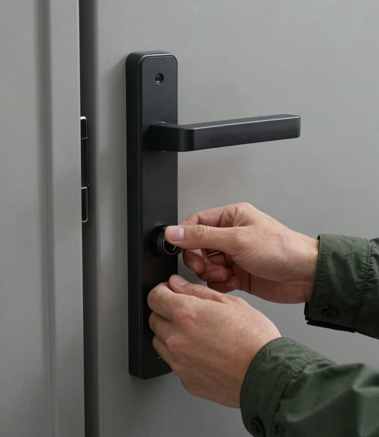 A detailed shot of a person's hand in a forest green sleeve carefully checking the lock of a sophisticated modern door. The lighting is crisp and clear, highlighting a sense of diligence and security.