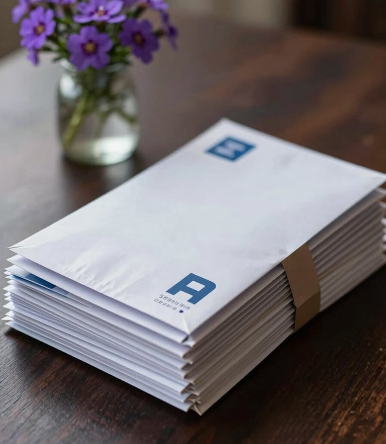 A close-up photograph of a neat stack of mail and a small package on a clean, dark wood table, with a small vase of purple verbena flowers in the background. High-quality professional photography with soft focus.