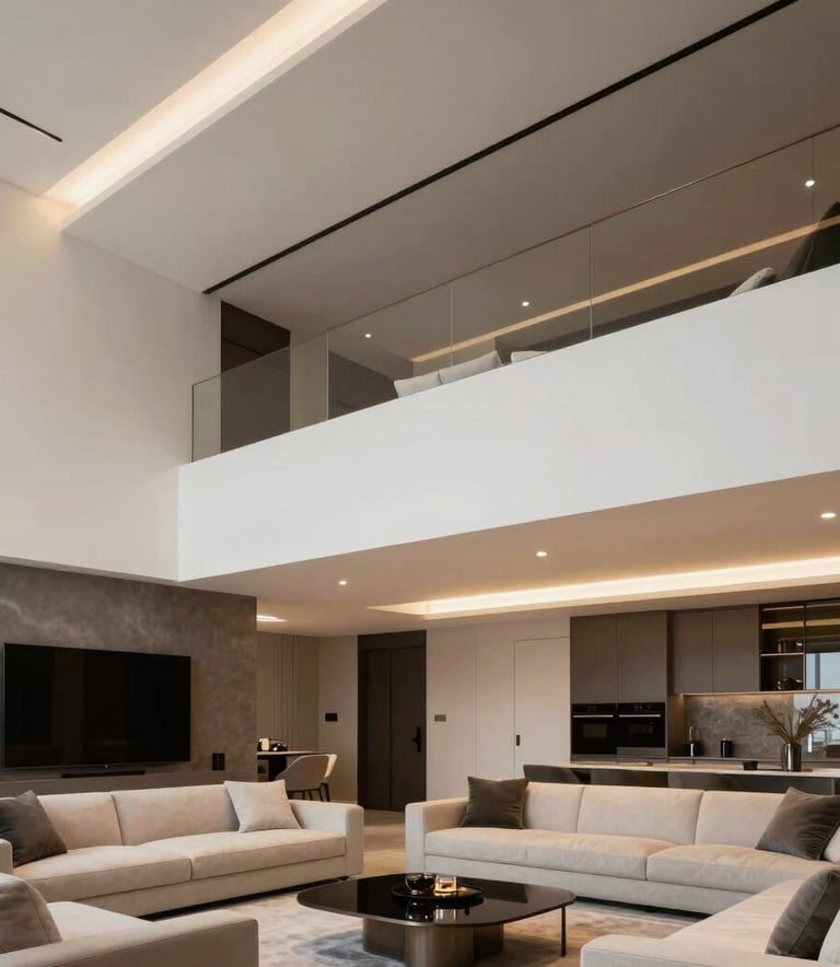 Professional photography of a luxurious Turkish living room featuring a modern multi-level white-ish suspended ceiling. The lighting is warm and indirect, emphasizing the smooth textures and clean lines against silver and charcoal interior elements.