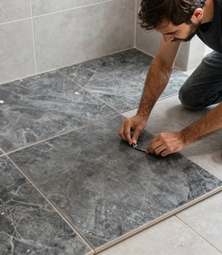 High-angle shot of a craftsman meticulously laying large format charcoal gray ceramic tiles in a modern Turkish bathroom, clean lines, professional workmanship.