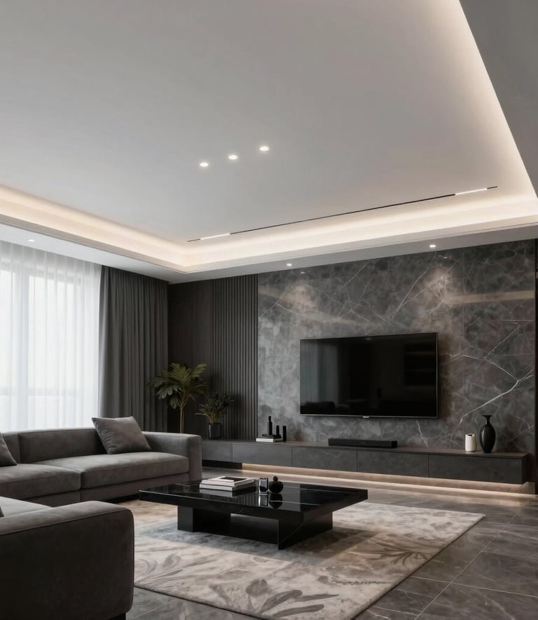 A luxury living room in Ankara featuring a minimalist white suspended ceiling with recessed LED lighting, modern Middle Eastern interior style, charcoal and slate gray accents.